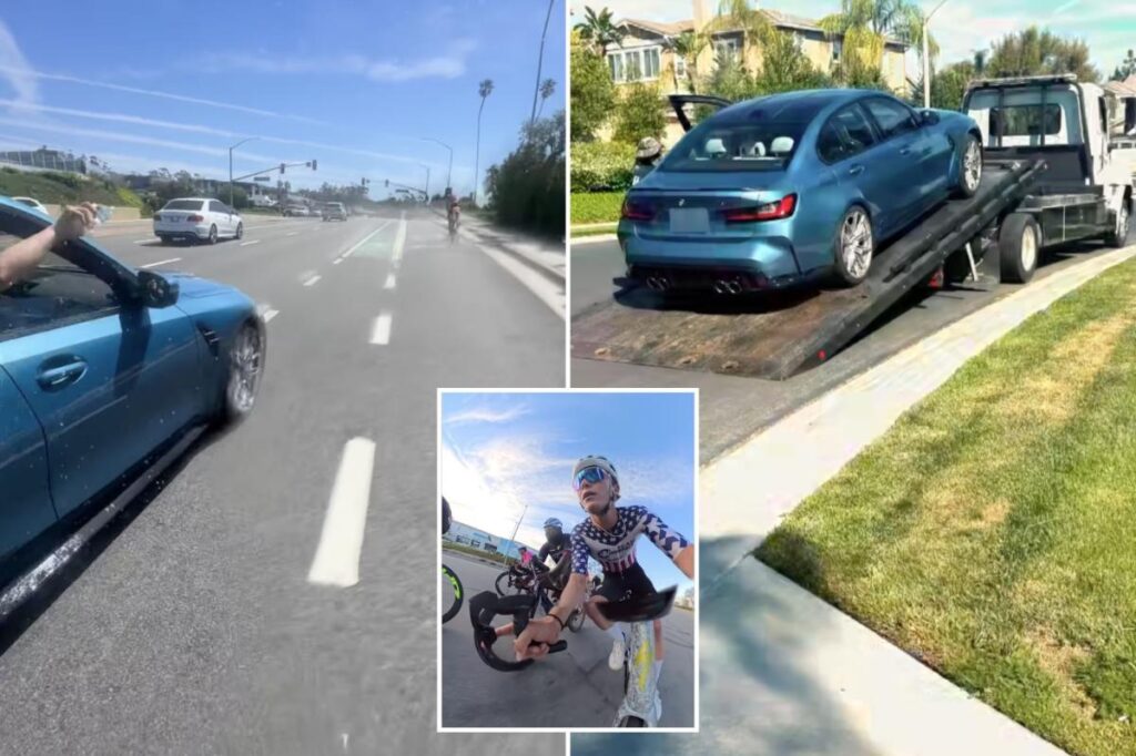 Shocking moment BMW driver gets into vicious road rage fight with pro cyclist in ultra luxe neighborhood