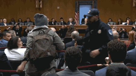 'You should be ashamed!': Protester dragged from Kristi Noem's Senate hearing