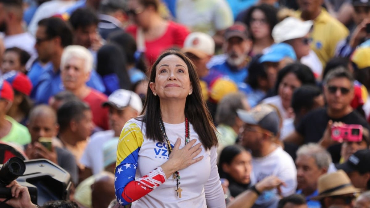 Opposition leader Maria Corina Machado gestures during an anti-government protest.