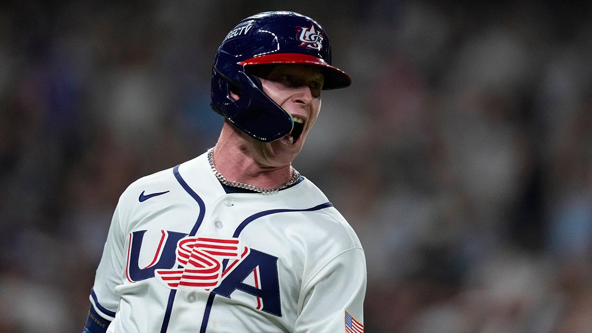 Pete Crow-Armstrong yells in jubilation