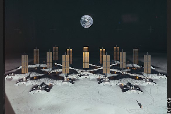 A concept released by the European Space Agency for a community for 155 astronauts on the lunar surface, made from inflatable pods.