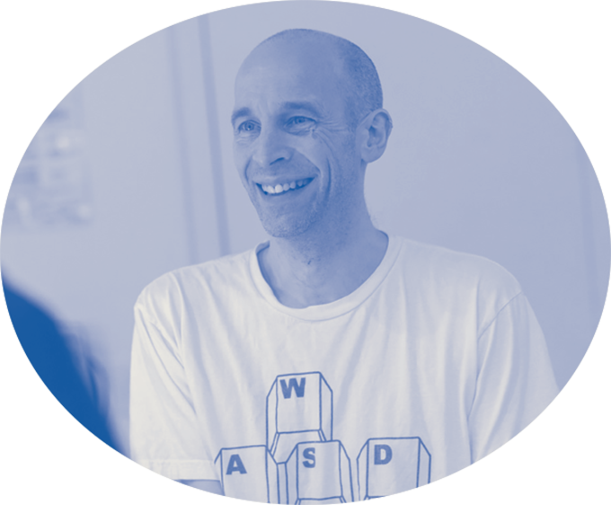 An image of a man, shaded in blue.