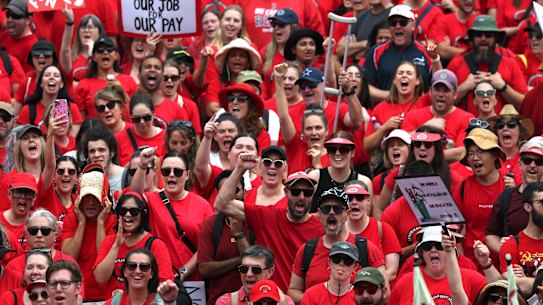 Victorian teachers on strike on March 24.