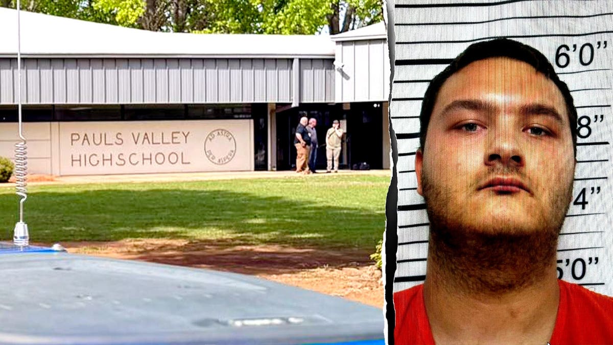 A composite image of law enforcement outside Pauls Valley High School split with an image of Victor Hawkin's mugshot
