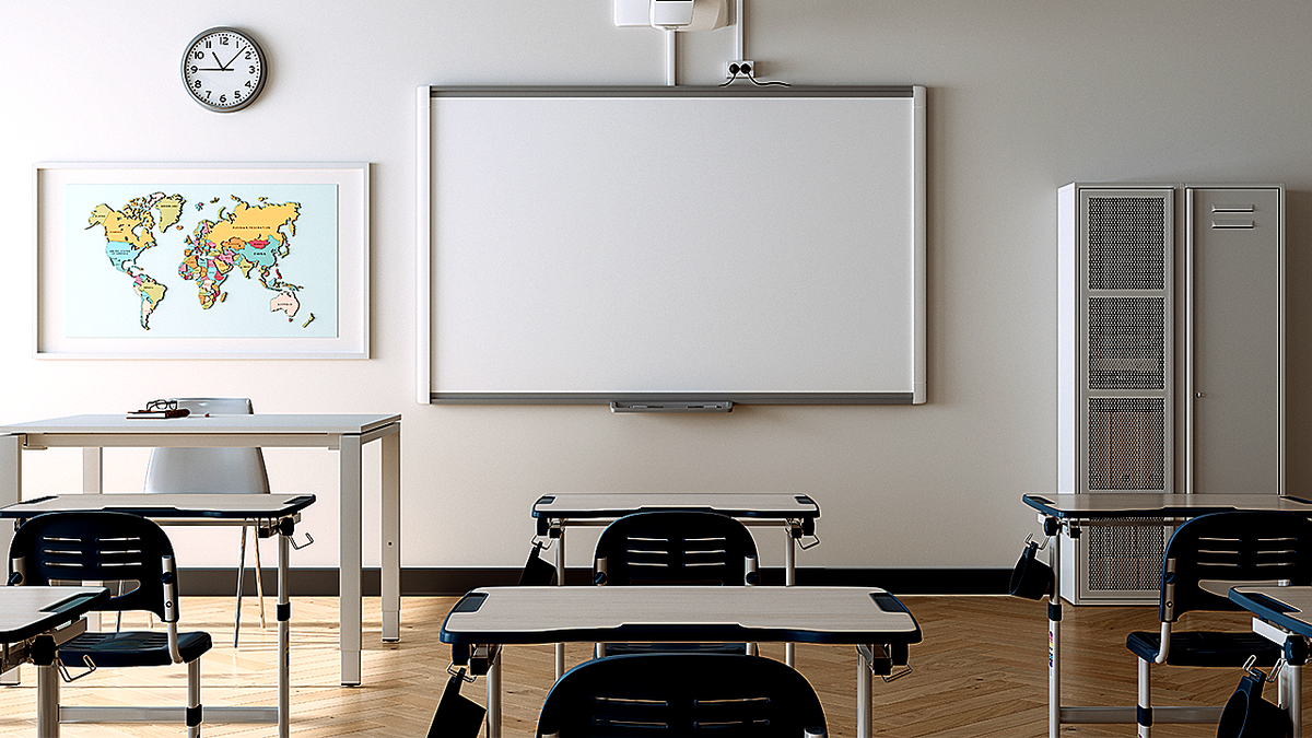 Empty modern classroom interior with desks, chairs, whiteboard, and world map