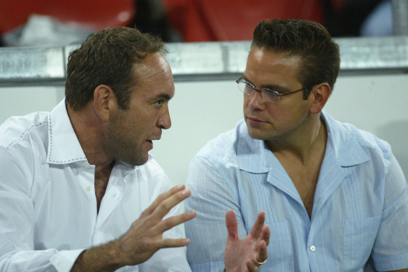 The Murdochs’ assocation with the Broncos goes back decades: Lachlan Murdoch pictured with Gorden Tallis at Suncorp Stadium in 2004. 