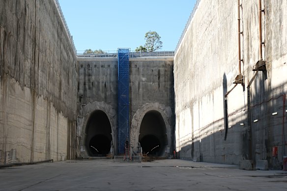 Twin tunnels at the eastern end of the giant hole dug for the Burwood North metro station. 