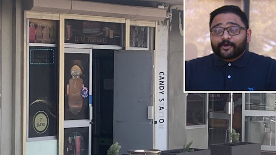 The Candy Station in Ballajura was targeted in another “tobacco wars” attack on Thursday. Harshal Patel, the owner of a nearby pub The Firkin, has had enough. Pictures: Rebecca Peppiatt/9News Perth