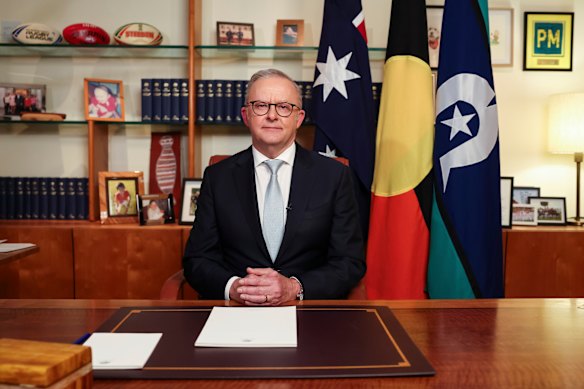 Prime Minister Anthony Albanese during his address to the nation.