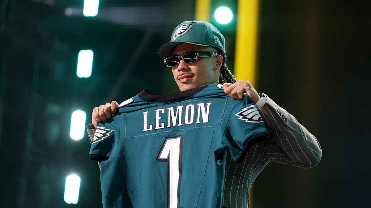 USC's Makai Lemon celebrates after being selected 20th overall by the Philadelphia Eagles during Round One of the 2026 NFL Draft at Acrisure Stadium on April 23, 2026 in Pittsburgh, Pennsylvania.  (Photo by Emilee Chinn/Getty Images)