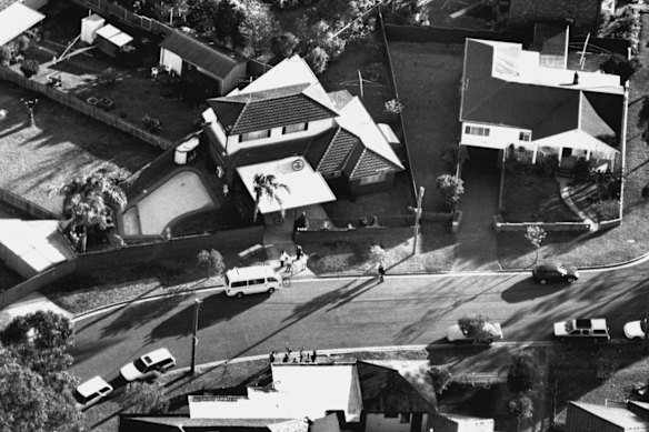 An aerial photo of the Cabramatta home of Labor MP John Newman, following his murder on Sept 5, 1994 - the first political assassination in Australian history.