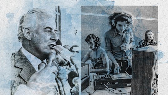 Composite image of Whitlam and a 4ZZZ test broadcast, both 1975.