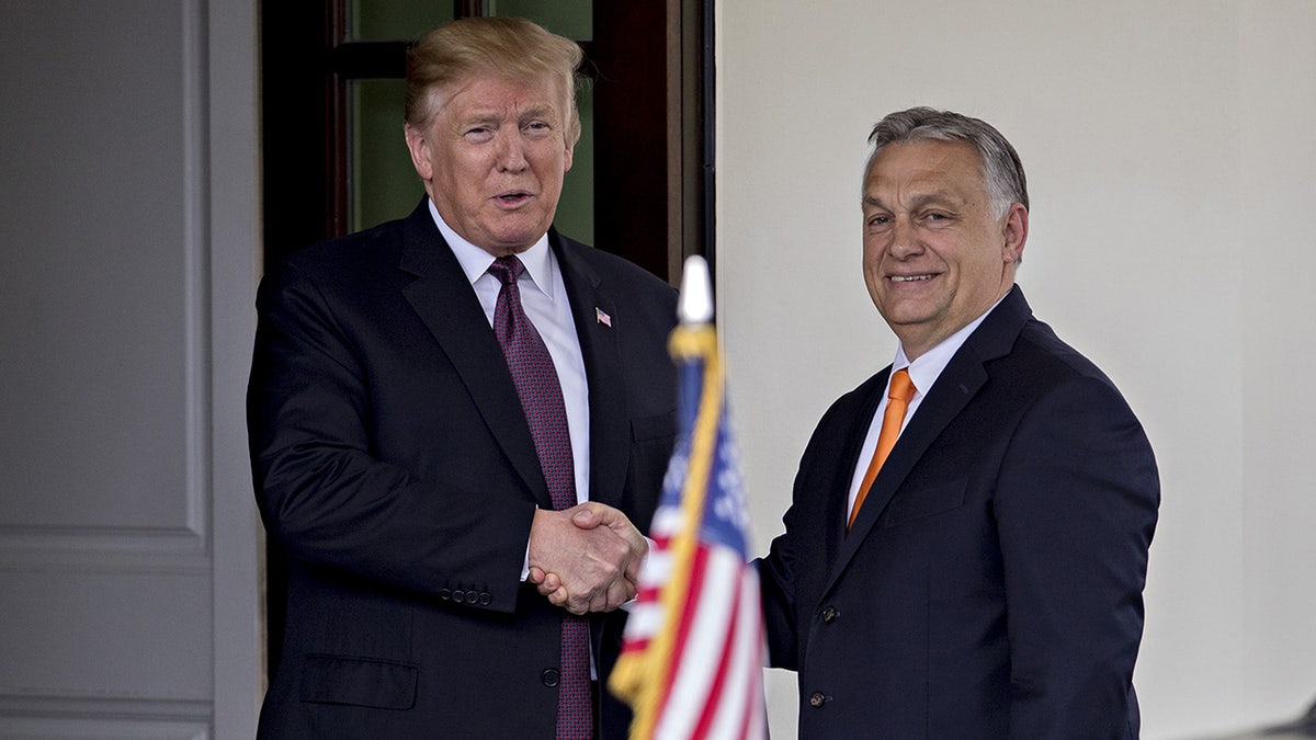 U.S. President Donald Trump shaking hands with Hungary's Prime Minister Viktor Orban at the White House