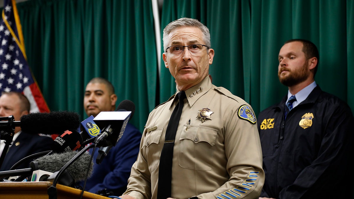Tulare County Sheriff Mike Boudreaux speaking at a press conference in Visalia, California