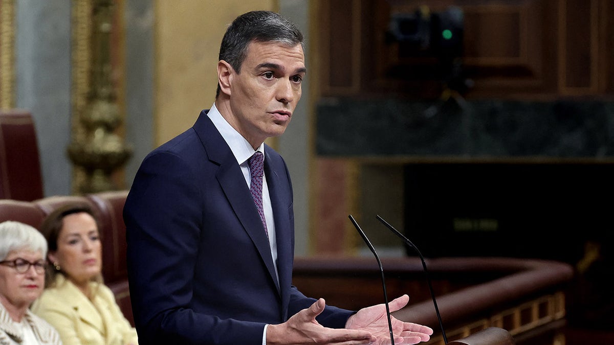 Spain's Prime Minister Pedro Sanchez delivering a speech at the Congress of Deputies in Madrid