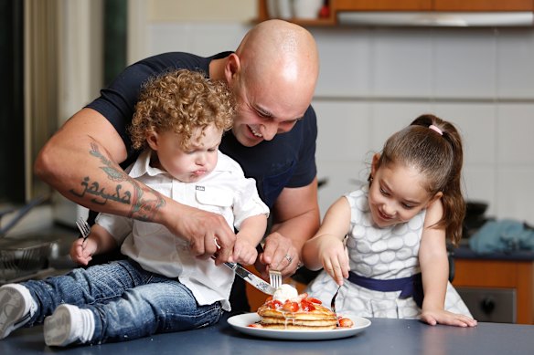 Food was always a central feature of his childhood in a large Maltese family. Here with son Jude and daughter Jayda in 2014.