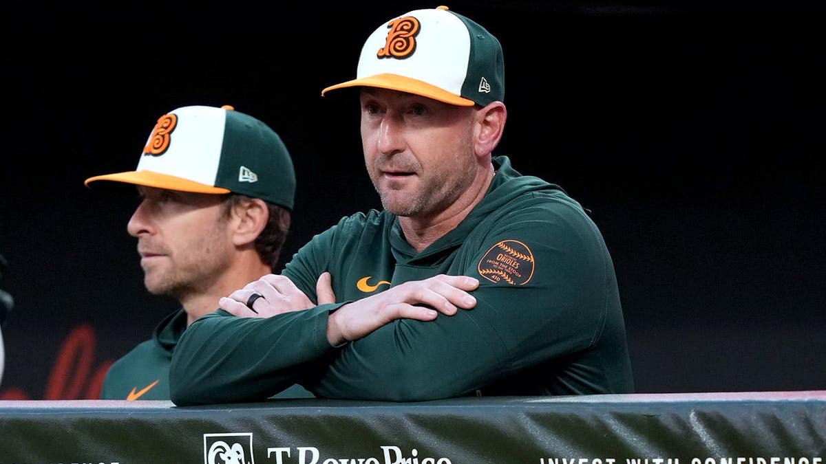 Baltimore Orioles manager Craig Albernaz standing on the field at Oriole Park at Camden Yards