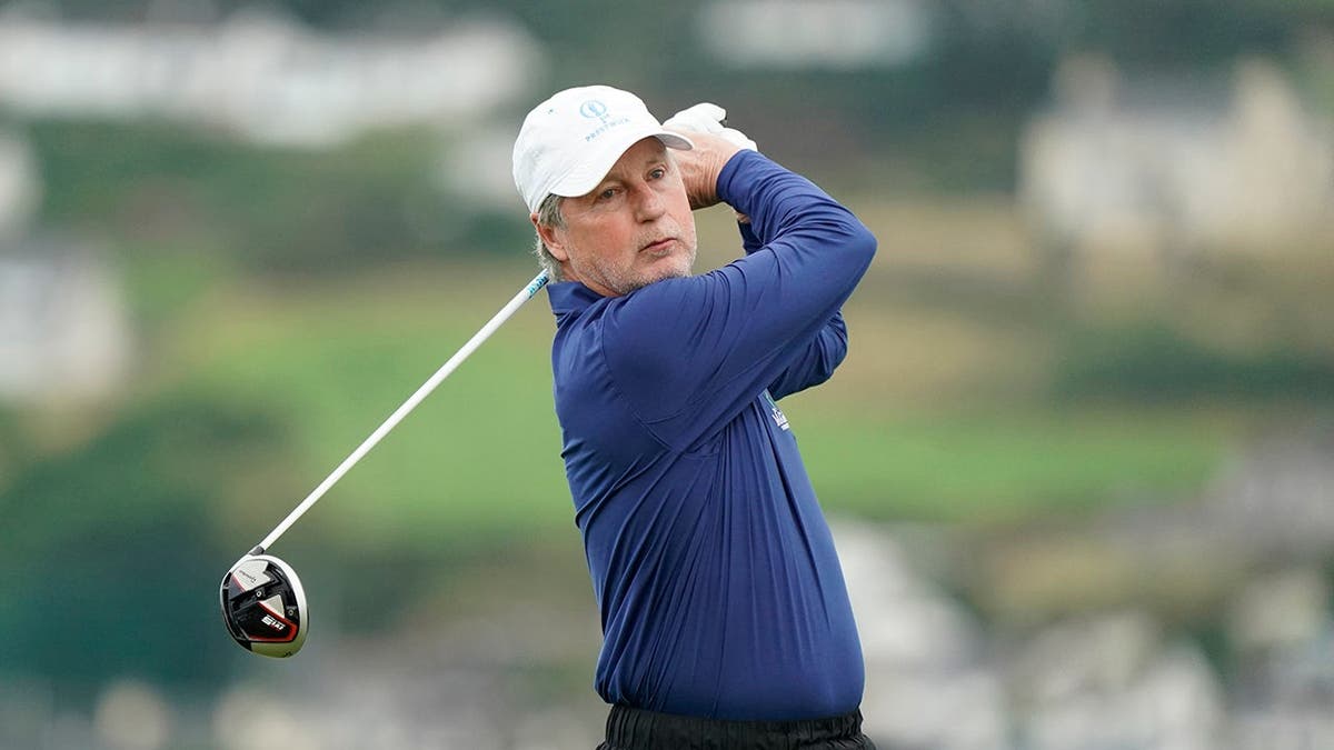 Brandel Chamblee swinging golf club at Rosapenna Hotel Golf Resort in Donegal Ireland