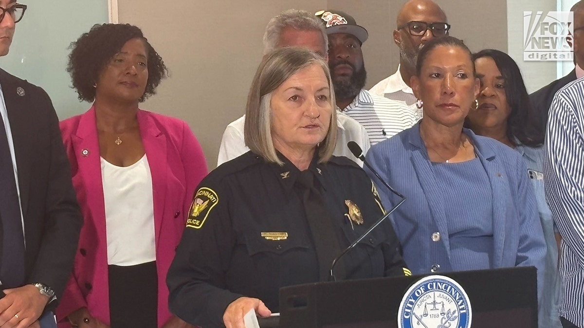 Cincinnati Police Chief Teresa Theetge speaking at a press conference.