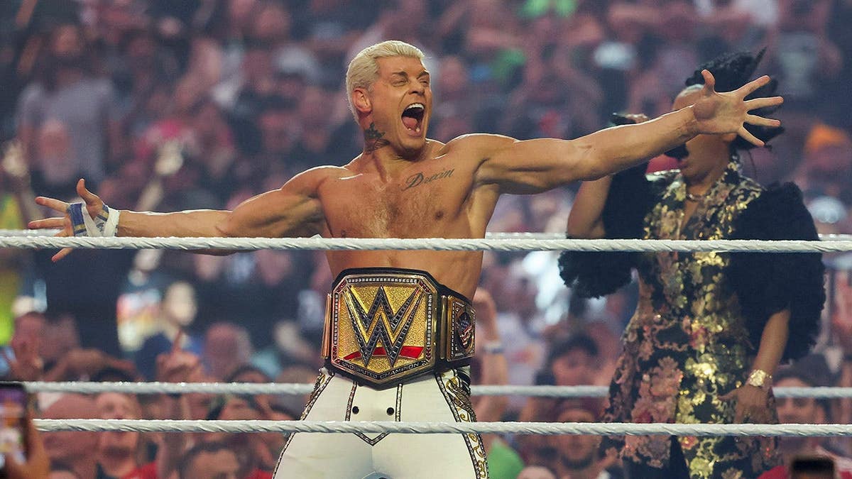 Cody Rhodes reacting before wrestling match at Allegiant Stadium in Las Vegas