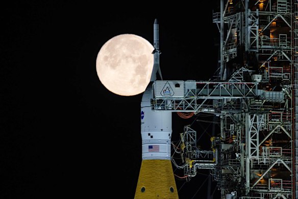 NASA’s Space Launch System and Orion spacecraft atop the mobile launcher at the Kennedy Space Centre in Florida.