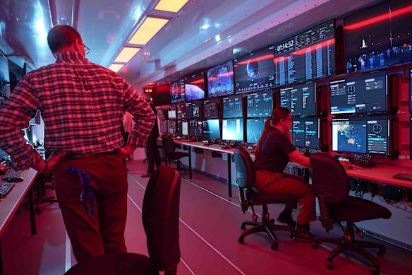 Inside a new, portable CSIRO mobile mission control centre, a converted b-double trailer containing a suite of computers that can support rocket launches and space missions.