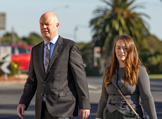 Simon Patterson and spokeswoman Jessica O’Donnell outside court in 2025.