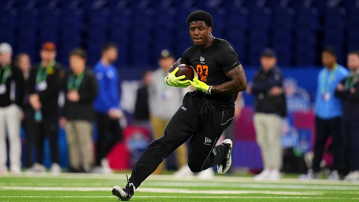 Alabama's Germie Bernard, drafted by the Steelers, participates in a drill during the 2026 NFL Scouting Combine  at Lucas Oil Stadium on February 28, 2026 in Indianapolis, Indiana. (Photo by Cooper Neill/Getty Images)