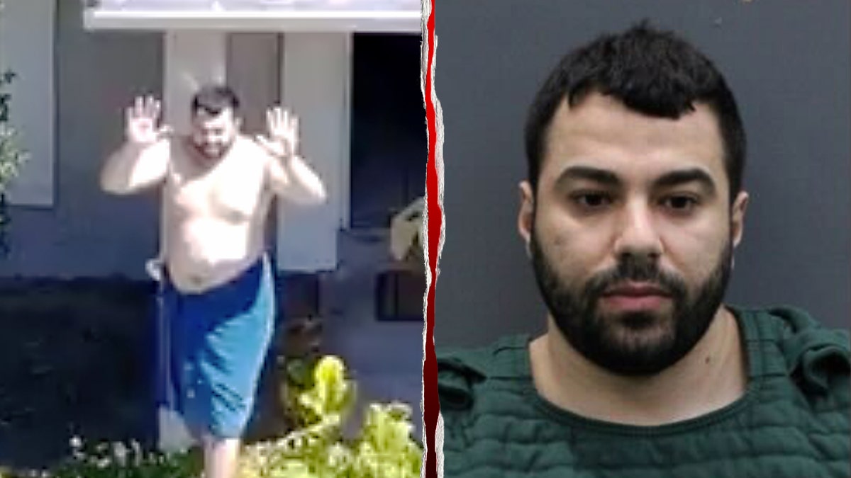 Man in a towel holding his hands up and his mugshot on the right