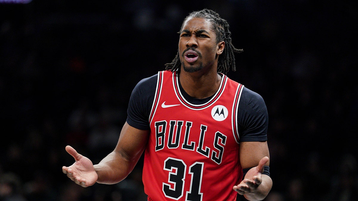 Jaden Ivey of the Chicago Bulls reacting during a basketball game at Barclays Center