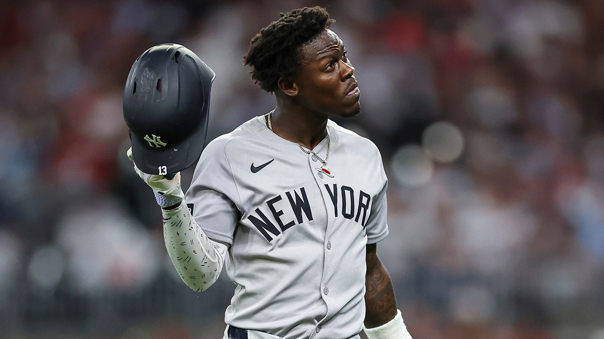 New York Yankees' Jazz Chisholm Jr. reacting after flying out during a baseball game