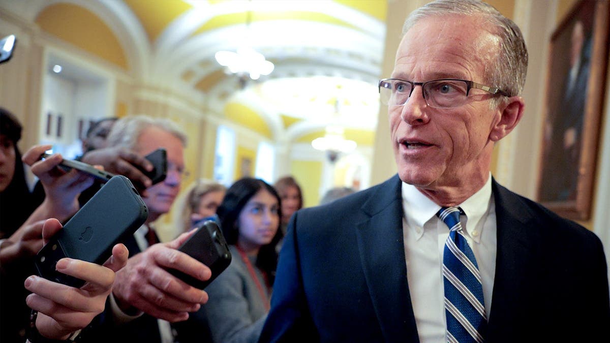 Sen. John Thune speaks with reporters while walking through Capitol hallway.