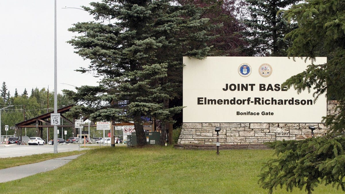 A sign marking the entrance to Joint Base Elmendorf-Richardson in Anchorage, Alaska