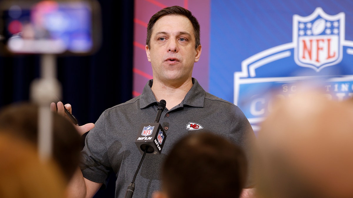 Brett Veach speaks at a press conference