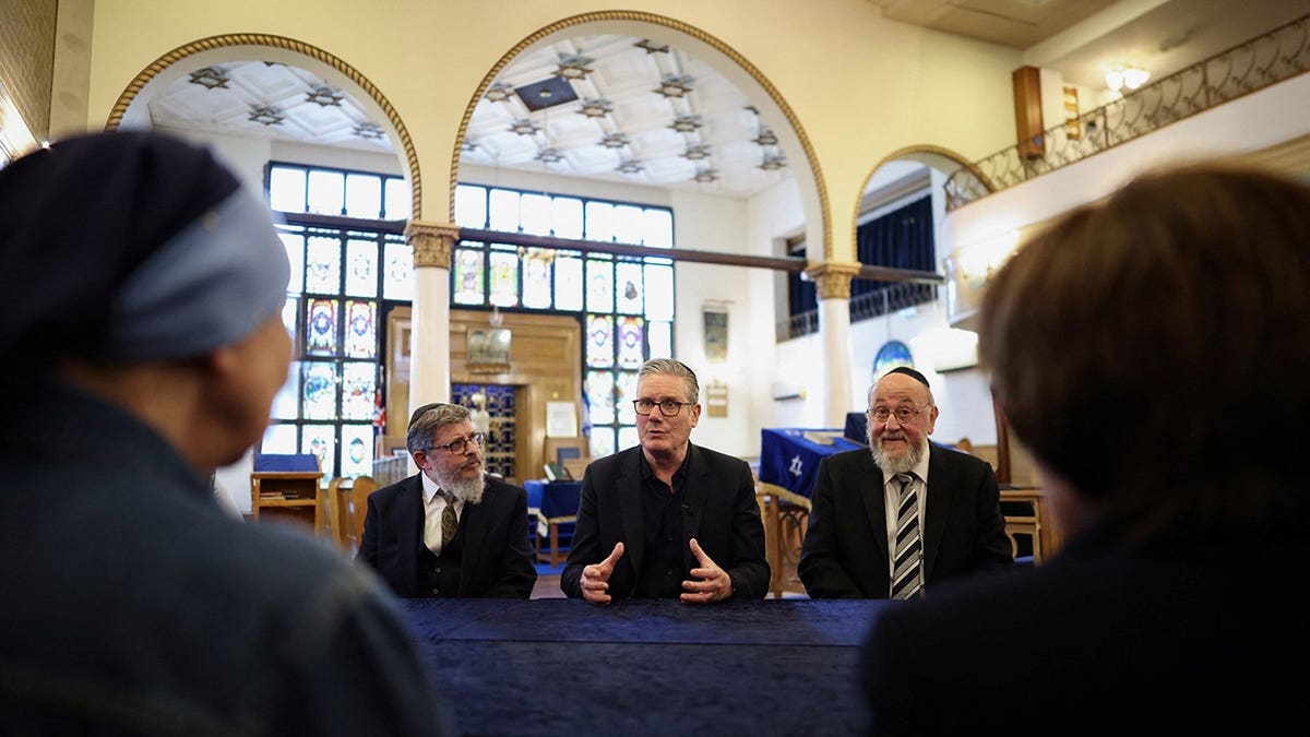 Britain's Prime Minister Keir Starmer speaking at Kenton United Synagogue in London
