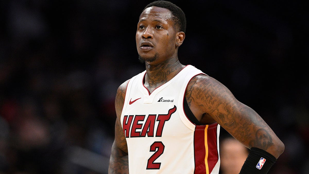 Miami Heat guard Terry Rozier looking on during an NBA game against the Washington Wizards