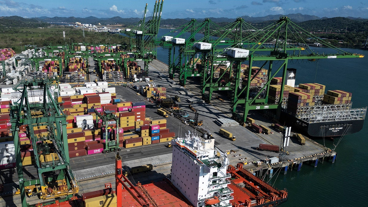 Aerial view of the port of Rodman in Panama City showing docks and ships.