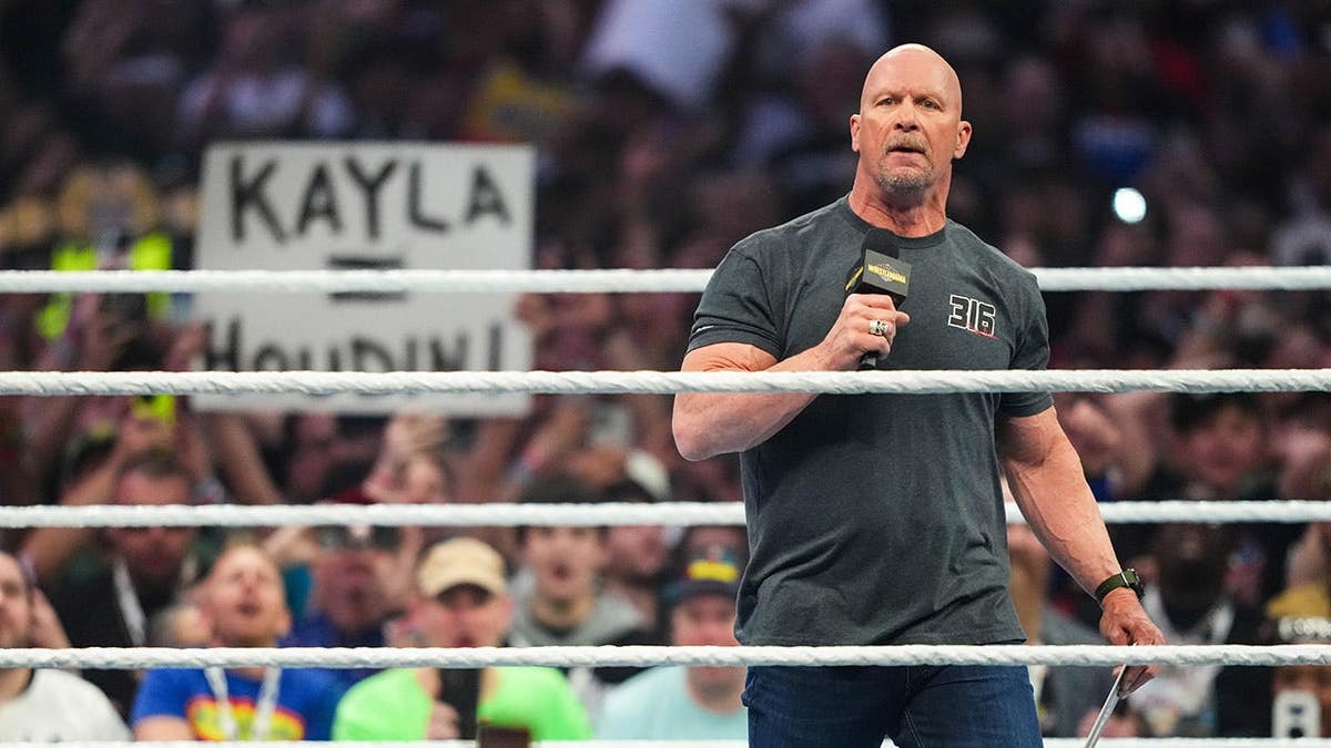 Stone Cold Steve Austin speaking at Allegiant Stadium in Las Vegas