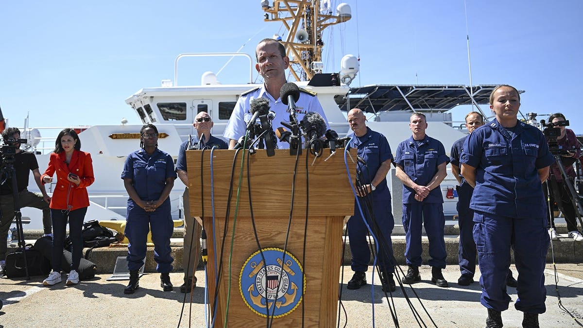 US Rear Adm. John Mauger speaking at US Coast Guard Base Boston