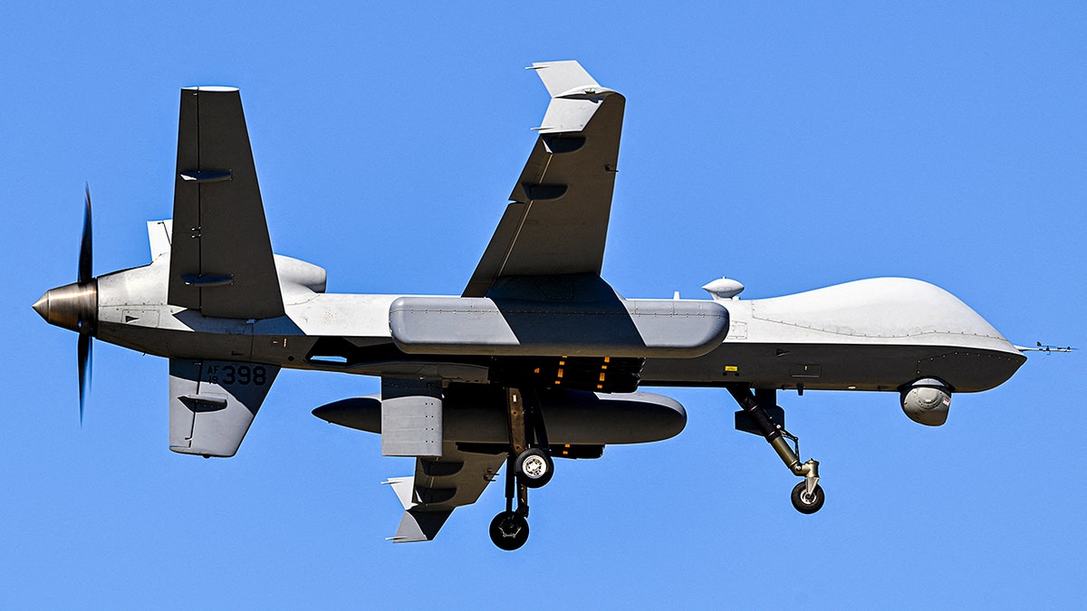US military MQ-9 Reaper drone approaching landing at Rafael Hernandez Airport in Aguadilla Puerto Rico