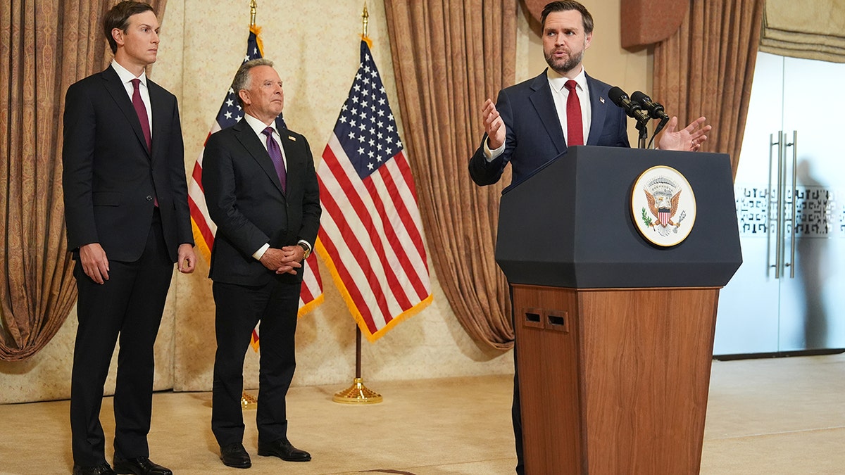 Vice President JD Vance speaking at a news conference in Islamabad with Jared Kushner and Steve Witkoff listening
