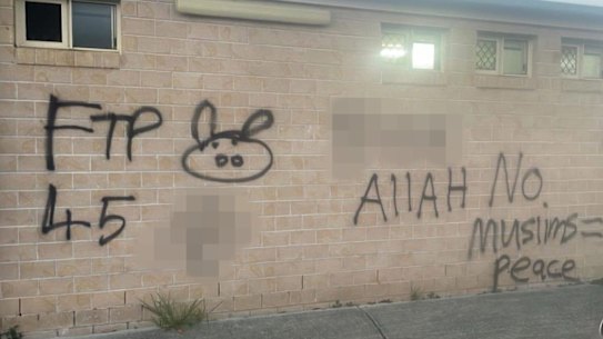 Graffiti on the wall of a mosque in Bald Hills.