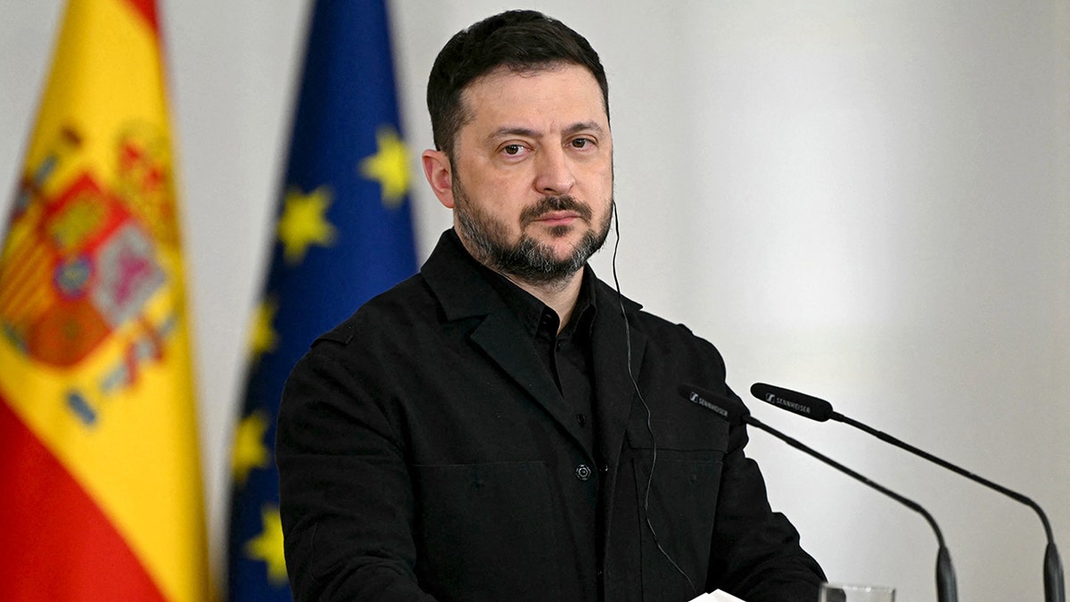 Ukraine's President Volodymyr Zelensky speaking at a press conference with Spain's Prime Minister in Madrid