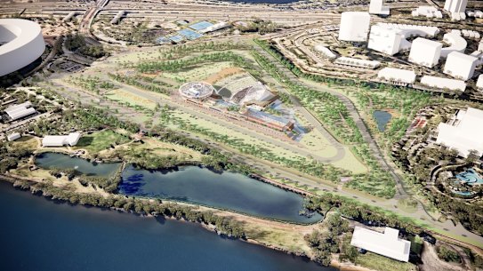 An artists’ impression aerial view of the Burswood Racetrack precinct known as Perth Park.