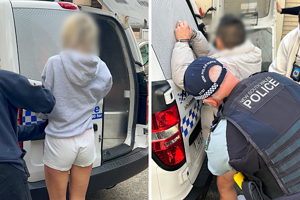 The woman was led away in a grey hoodie before she was searched by police, following the man out of the residence. 