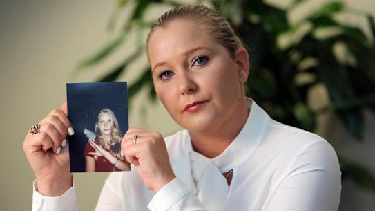 Virginia Giuffre with a photo of herself as a teen, when she says she was abused by Jeffrey Epstein. Giuffre died by suicide last year.