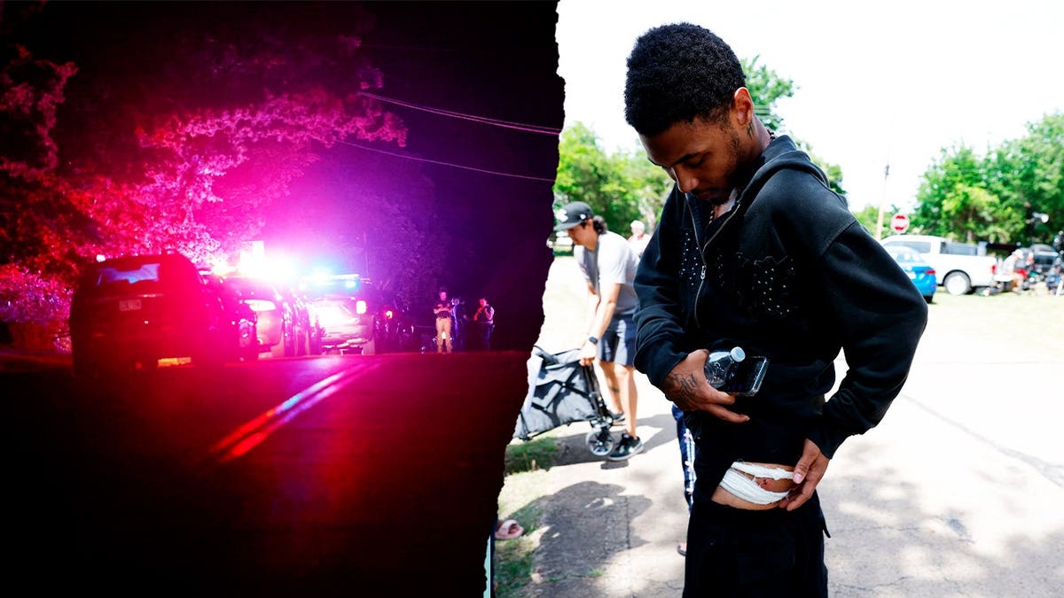 A split screen of blue and red police lights at night and a young man revealing a bullet wound