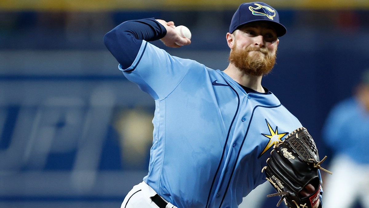 Drew Rasmussen pitching for the Tampa Bay Rays at Tropicana Field