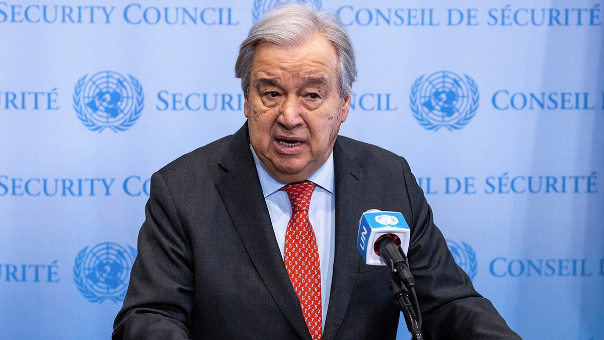 United Nations Secretary-General Antonio Guterres speaking outside the Security Council at the United Nations Headquarters in New York City