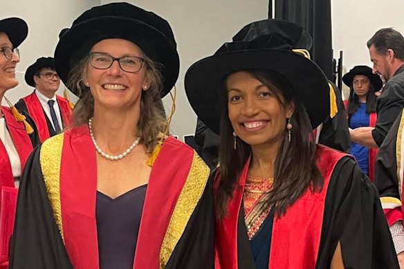 Royal Australasian College of Physicians (RACP) immediate past president Professor Jennifer Martin (left), with RACP suspended president-elect Dr Sharmila Chandran.